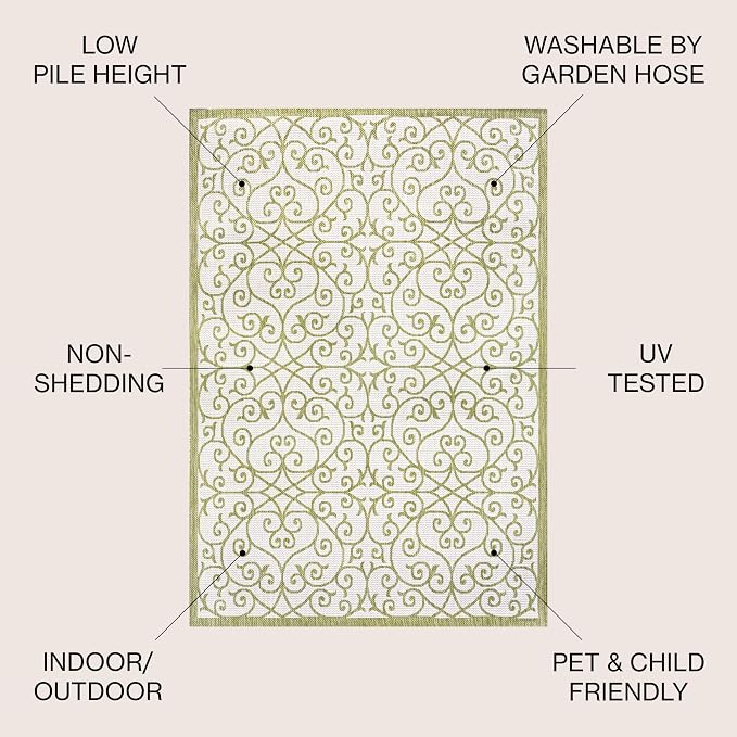 JONATHAN Y Vintage Filigree Indoor Outdoor Area Rug 9X12 Green/Cream, Madrid Textured Weave for Backyard, Patio, Porch, Easy-Cleaning, High Traffic, Pet-Friendly, Non-Shedding (SMB107H-9)
