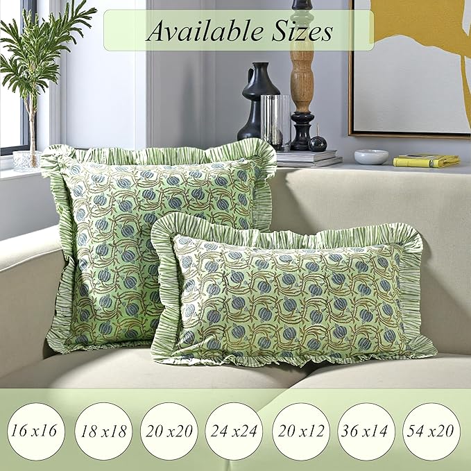 Ridhi Block Print Apple Green Floral Throw Pillow Cover 20" x 20" (Pack of 2) Decorative Cushion Covers with Ruffle for Couch, Sofa, Bed, Living Room, Home Decor Gift for Spring, Easter, Valentine