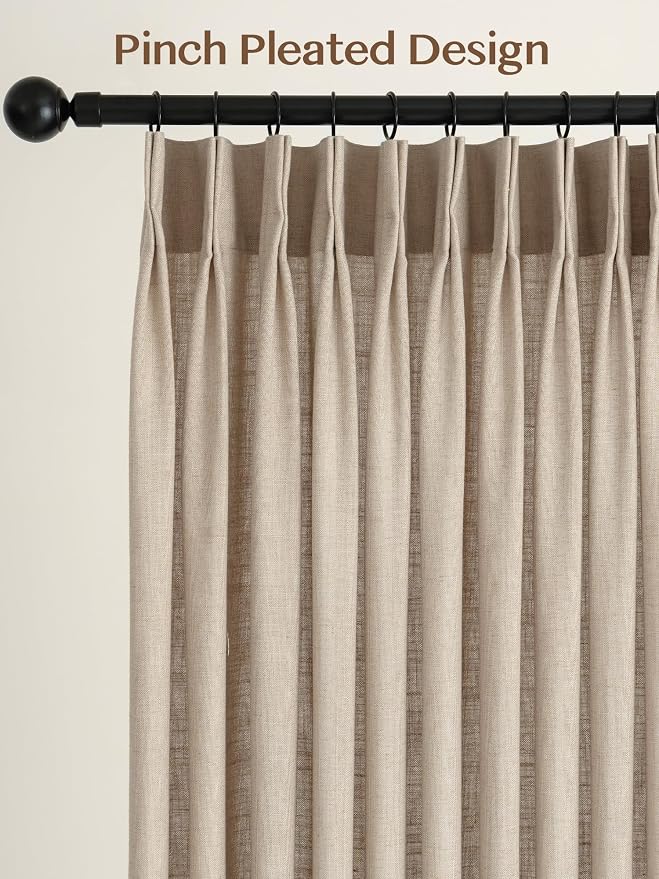 Liz Pinch Pleated Linen Curtains Light Filtering Curtains for Living Room, Farmhouse Window Curtains for Bedroom, Modern Drapes with Hooks and Rings, 102 Inches Long, Burlywood Birch, 2 Panels Set