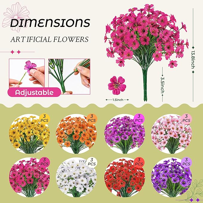 Der Rose 24 Bundles Artificial Flowers for Outdoor UV Resistant Faux Plants Spring Flowers for Outdoor Planters Wedding Home Garden Patio Porch Decor (8 Colors)