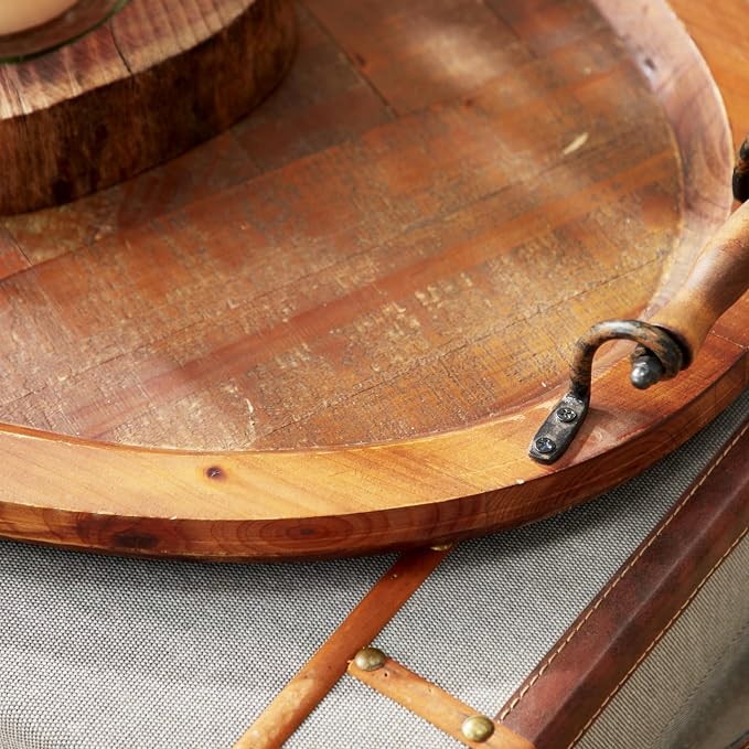 Deco 79 Wood Living Room Decor Tray Large Oval Ottoman Tray with Scroll Metal Handles, Serving Tray 29" x 19" x 4", Brown | Living Room Decor Large Oval Ottoman Tray With Scroll Metal Handles Serving Tray