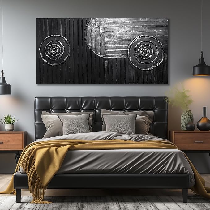 Extra Large Wall Paintings for Hotel Black and Silver Circles Wall Decorations for Living Room Abstract Office Wall Decor Size 36 x 72 Inch