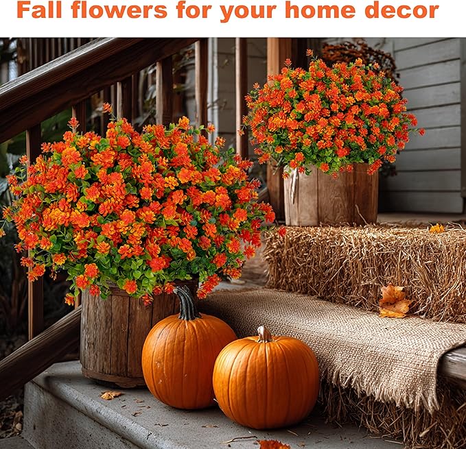 AXYLEX Artificial Fall Flowers Outdoor Fake Mums - 12 Bundles Fake Plants UV Resistant No Fade Faux Plastic Greenery Garden Porch Patio Fall Home Decor (Red Orange)