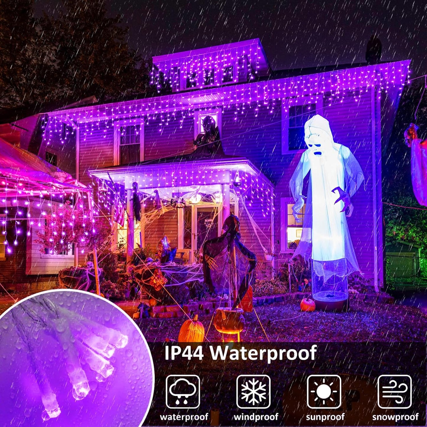 Halloween Lights Outdoor, 33FT 400 LED Purple Icicle Lights for Outside with Waterproof 8 Modes, Plug in Connectable Curtain Twinkle Light for Indoor Bedroom Patio Yard Party Holiday Decorations