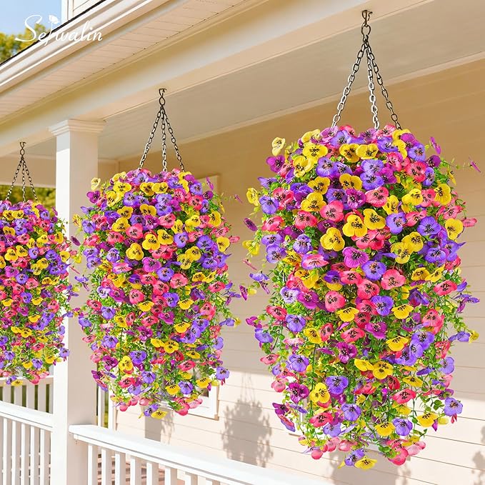 Serwalin Artificial Fake Hanging Flowers for Outdoors Planters,12PCS UV Resistant Faux Pansy Spring Flowers for Outside Porch Patio Garden Window Box (Mixed Colors)
