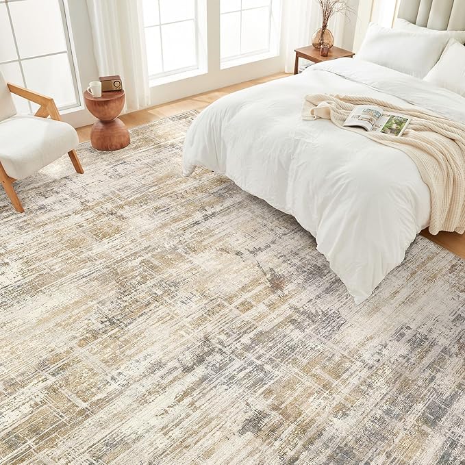 UERMEI 6x9 Washable Area Rug for Living Room: Modern Neutral Abstract Soft Low Pile Carpet Non-Slip Pet Kids Friendly Indoor Decor for Bedroom Dining Room Home Office Nursery Golden Brown