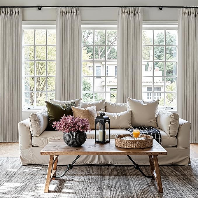 Pinch Pleated Linen Curtains 120 Inches Long 2 Panels for Living Room Bedroom Light Filtering Curtain Memory Shape Trained Pinch Pleat Thick Linen Drapes Back Tab with Hooks Clip Rings Taupe