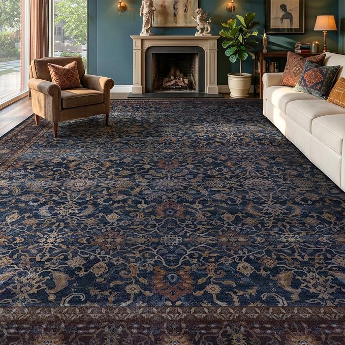 Dark Blue Area Rugs 9x12 Living Room, Washable Non Slip Low Pile Large Carpet for Bedroom Dining, Vintage Old Money Aesthetic Print Big Decorative Rug for Family Room