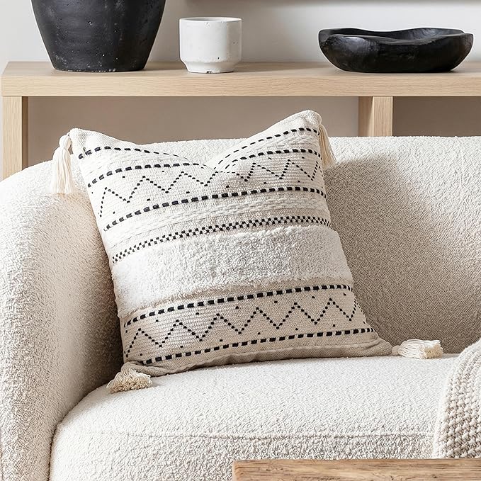 BlissBlush 20X20 Throw Pillow Cover, Cream Neutral Square Decorative Cushion Cover with Black Pattern, Boho Accent Pillowcase with Tufted Details and Tassels for Couch Sofa Living Room (Cover Only)