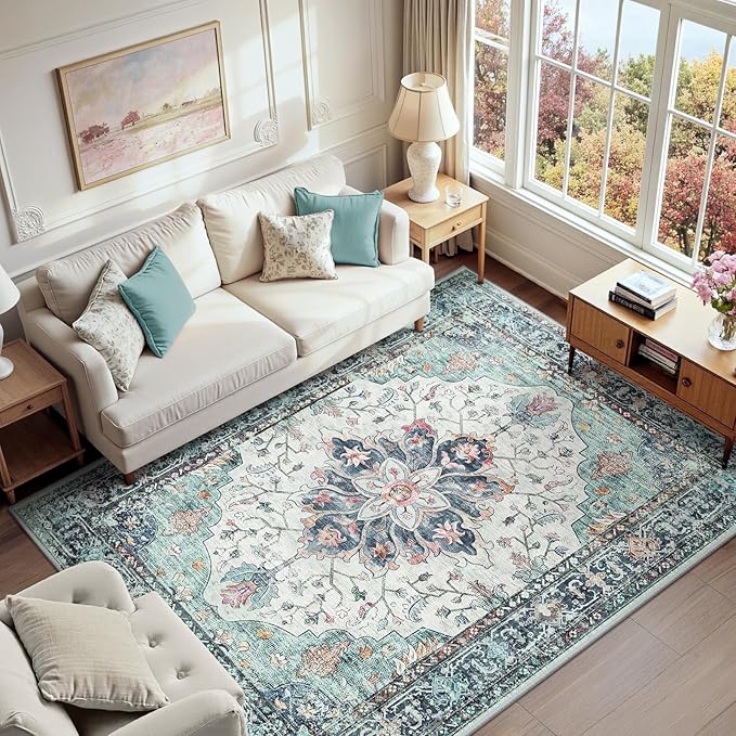 RELEANY Area Rugs 6'x9' Washable Non-Slip, Floral Vintage Distress Print Pattern Medallion Carpet for Living Room Bedroom Dining Room, Green Navy Blue White Red Teal Colorful