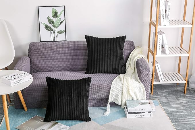 TangDepot Velvet Big Corduroy Pillow Covers 14x14 Black 2-Pack | Soft wide-stripe corduroy pillow cover, hidden zipper, machine washable, easy refresh, for bedroom living room indoor outdoor