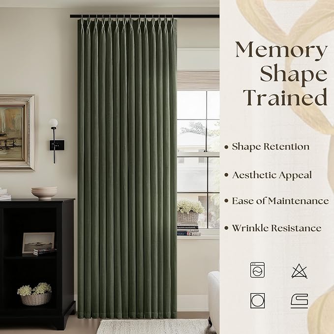 Rifle Green Linen Pinch Pleat Curtains 84 Inches Long for Living Room Pinch Pleated Drapes Hooks Rings Back Tab Farmhouse Light Filtering Semi Sheer Dark Olive Hunter Green Curtains Dining Bedroom