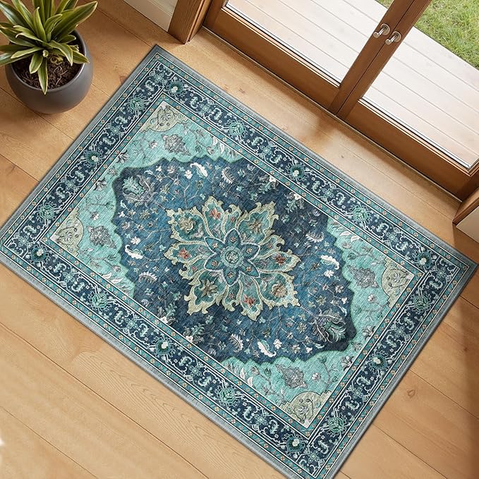 RELEANY Area Rugs 2'6''x4' Kitchen Rugs Entry Rug Small Rugs for Entryway Kitchen Bathroom Door Mat Indoor Entrance,Washable Non Slip, Teal Green Lake Blue Turquoise