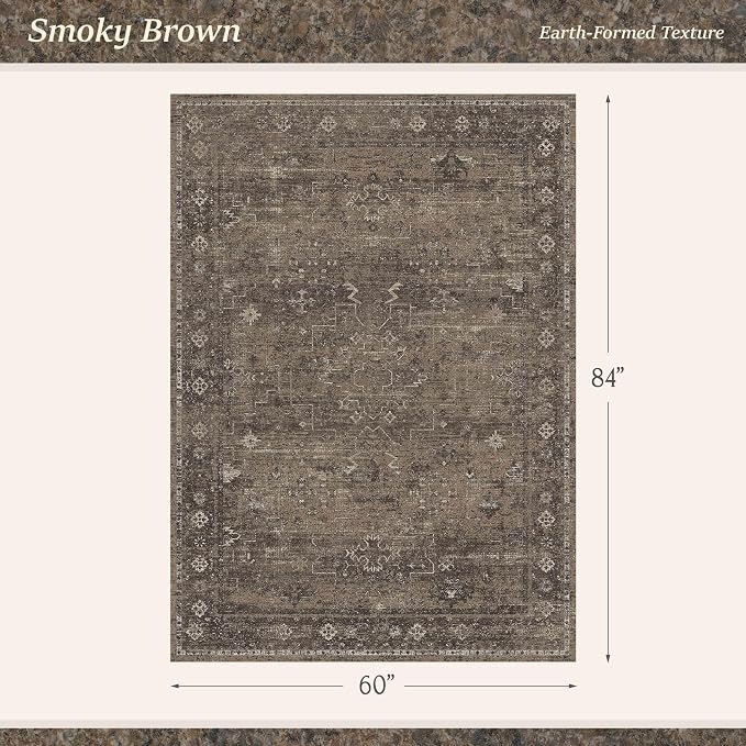 Modern Farmhouse 5x7 Area Rug for Home Office, Dark Neutral Smoky Brown Washable Rug with Vintage Distressed Design, Non-Slip Soft Carpet for Living Room Bedroom Dining Room