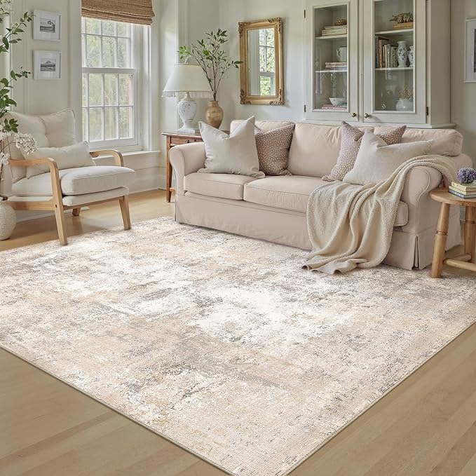 5x8 Washable Area Rug Beige Grey Abstract Non Slip Soft Low Pile Rug for Living Room Bedroom Dining Room Office Neutral Modern Indoor Throw Carpet for Home Decor