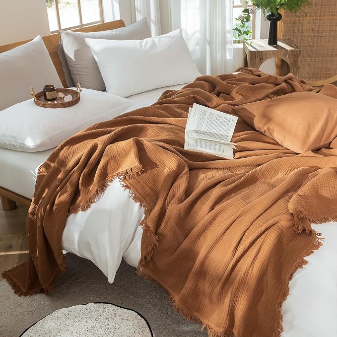 MooMee Muslin Blanket - 100% Cotton 4-Layer Gauze Throw Blanket with All-Around Fringe, Soft Breathable Lightweight Cooling Summer Blankets for Bed Couch (Drak Orange,Super King 108" x 98")