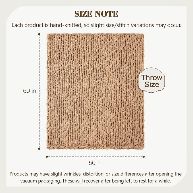 Carriediosa Chunky Knit Throw Blanket 50" X 60", 100% Hand Made Large Chenille Loop Yarn Soft Fluffy Throws for Couch Sofa Bed, Big Crochet Cozy Heavy Thick Cable Woven Blankets, Tan Brown