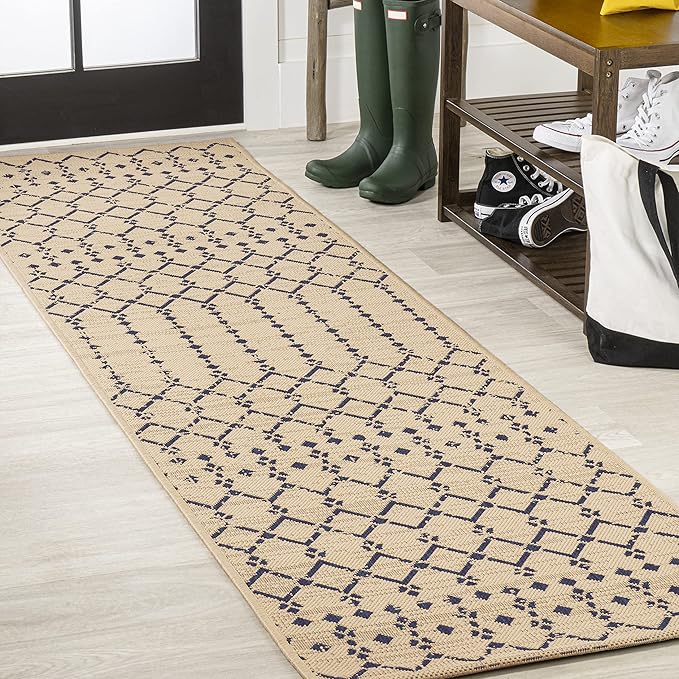 JONATHAN Y Moroccan Geometric Indoor Outdoor Runner Rug 2X8 Beige/Navy, Ourika Textured Weave for Backyard, Patio, Porch, Easy-Cleaning, High Traffic, Pet-Friendly, Non-Shedding (SMB108H-28)