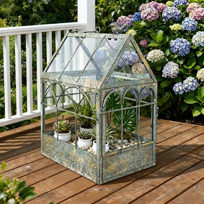 Large House Shape Glass Terrarium with Lid, Geometric Greenhouse - Style Planter for Ferns, Succulents, Air Plants, Handmade Indoor Tabletop Decor (Terrarium Only)