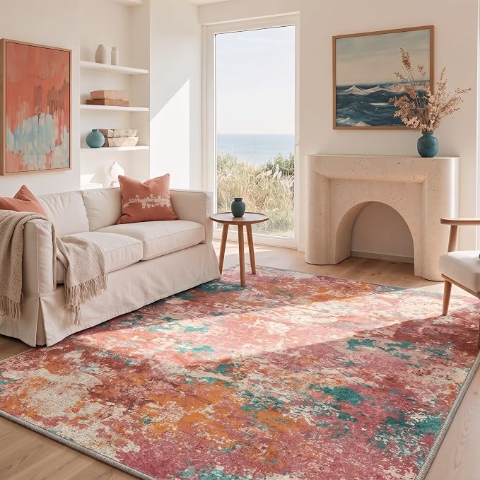 BEIMO Area Rugs 5x7 for Living Room Bedroom, Modern Abstract Machine Washable Rug, Large Soft Low Pile Floor Cover with Non Slip Backing for Dining Room, Red Green