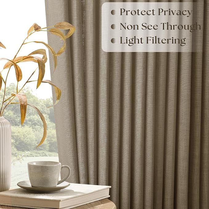 Pinch Pleated Linen 102 Inch Curtains 70 Inch Width for Living Room Divider Light Filtering Thick Light Brown Linen Extra Wide Patio Curtains for Sliding Door Balcony Floor to Ceiling Window 1 Panel