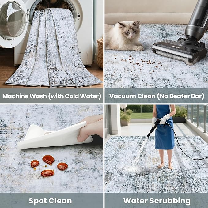 9x12 Area Rugs Washable Rug:Anti-Skid Abstract Modern Living Room Rug Soft Thin Carpets Indoor Floor Non-Shedding Carpet for Bedroom Dining Farmhouse Nursery Home Office(Blue/Grey/Gold/White, 9x12)