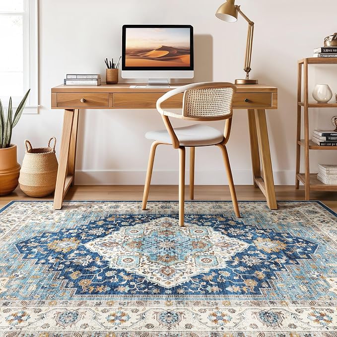 6x8 Area Rug Living Room: Washable Boho Large Neutral Vintage Soft Rugs Stain Resistant Farmhouse Non-Slip Indoor Floor Retro Carpet for Bedroom Nursery Kids Office Dining Room- Navy Beige