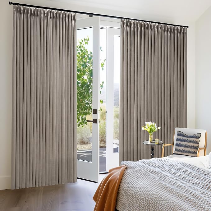 Pinch Pleated Linen 96 Inch Curtains 100 Inch Width for Living Room Divider Light Filtering Thick Taupe Linen Extra Wide Patio Curtains for Sliding Door Balcony Floor to Ceiling Window 1 Panel