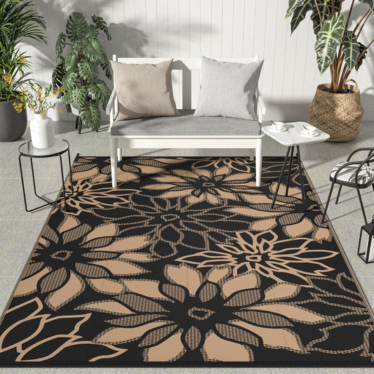 GENIMO Outdoor Rug Waterproof for Patio Decor, 8' x 10' Reversible Plastic Straw Floral Camping Carpet, Large Area Rugs Mats for RV, Camper, Deck, Balcony, Porch, Beach, Picnic, Black & Brown