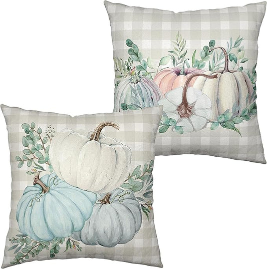 2 Pack Fall Pillow Covers Colorful Pumpkin Decorative Pillow Case Autumn Cotton Linen Farmhouse Throw Pillow Covers Harvest Buffalo Plaid Pillowcase for Outdoor Couch Living Room 22x22