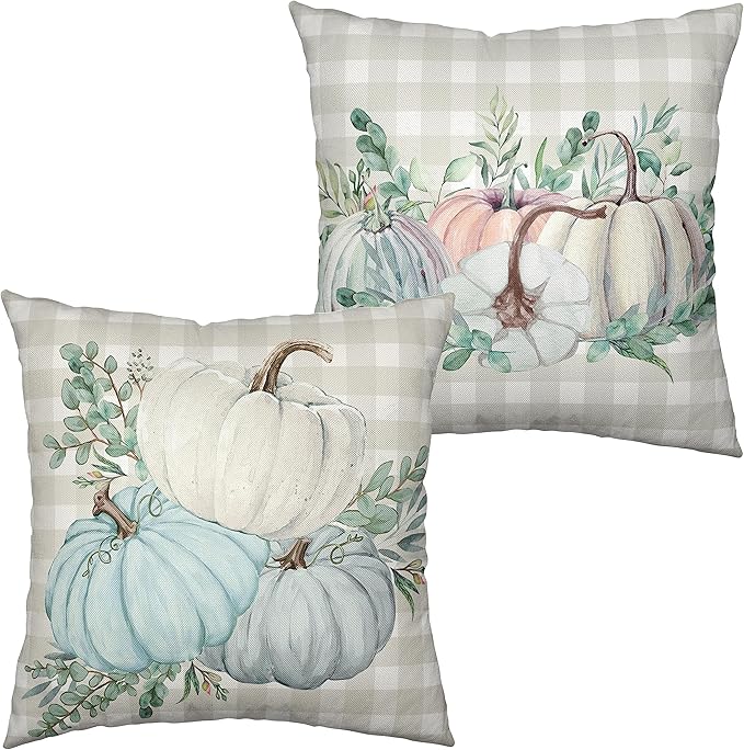 Watercolor Blue Pumpkin Decorations Pillow Covers 24x24 Set of 2 Fall Decorative Pillow Case Autumn Harvest Cotton Linen Pillow Covers for Living Room Couch Outdoor