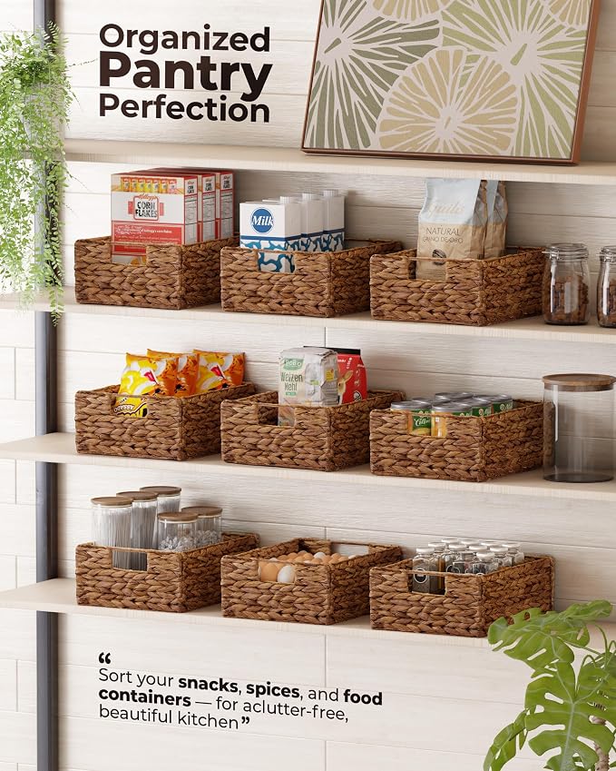 BLUEWEST Wicker Storage Baskets Pack 6, Woven Baskets for Storage, Laundry Water Hyacinth Basket for Organizing with Carrying Handles, Rattan Baskets (Brown, Rectangular)