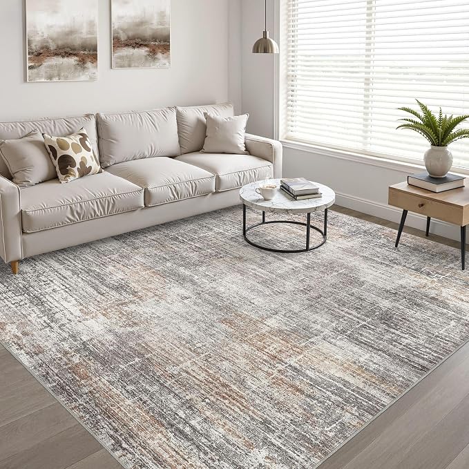 10x12 Area Rug Living Room: Washable Large Neutral Rug Abstract Soft Modern Stain Resistant Indoor Floor Non-Slip Carpet for Bedroom Nursery Kids Office Playroom Dining Room Under Table- Gray Rust