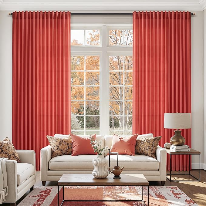 Christmas Red Linen Curtains 102 Inches Long for Living Room Light Filtering Semi Sheer Curtain Back Tab Vintage Rustic Luxury Home Decor Floor to Ceiling Neutral Drapes for Bedroom 52x102, 2 Panels