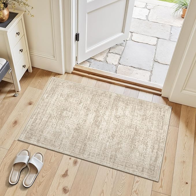 Soalmost 2x3 Washable Rugs for Kitchen, Floor, Entryway, Powder Room Small Area Rug Non-Slip Vintage Low Pile Throw Door Mat Beige