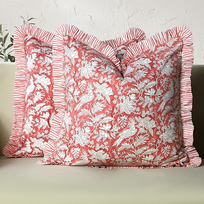 CPC Pink Coral Ruffle Throw Pillow Covers for Couch, 24x24 Inch Cotton Stripe Ruffle Couch Pillows for Living Room, Hidden 20 Inch Zipper Boho Pillow Case or Cute Outdoor Pillows