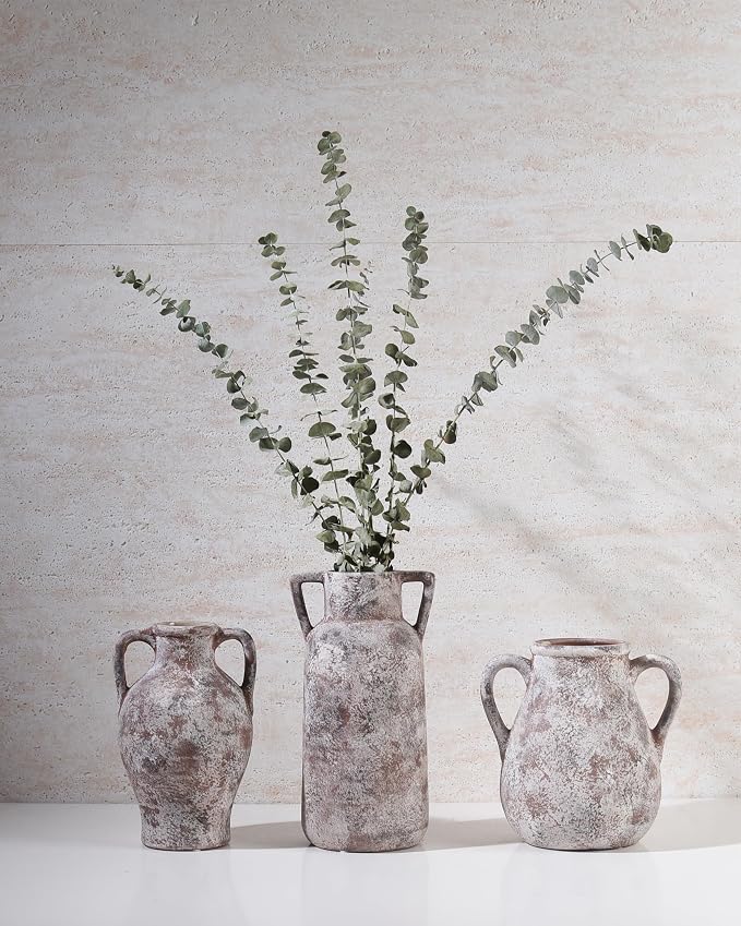 Ceramic Vase Set of 3 with Handles, Aged Terracotta Finish | Handmade Ceramic Vases with Glazed Interiors and Aged Terracotta Texture for Tables, Shelves, Mantels and Flowers