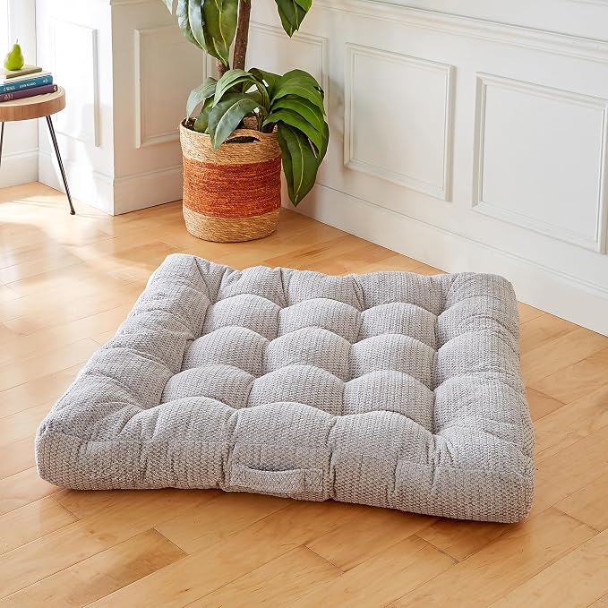 Sorra Home Indoor Tufted Floor Pillow, 40 in x 40 in x 5 in Square w/Handle, Dove