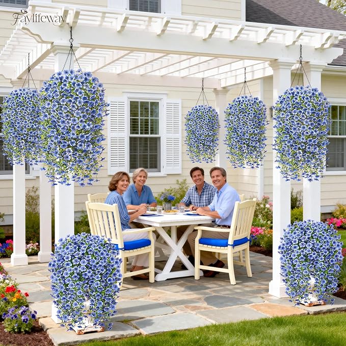 Artificial Hanging Flowers for Outdoors Spring Summer Decoration, 4PCS UV Resistant Silk Fake Hanging Plants for Patio Porch Front Yard Window Garden Indoor Decor(Blue,4PCS)