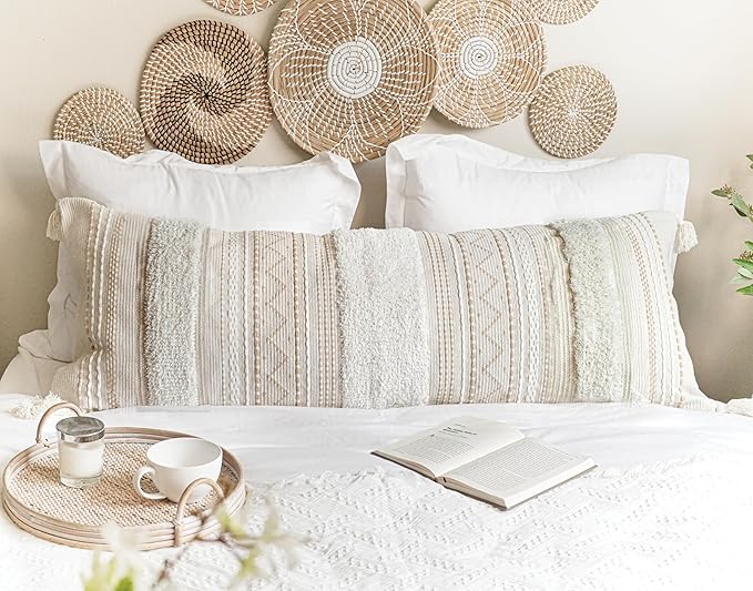 BlissBlush 20X54 Oversized Large Lumbar Pillow Cover for Bed, Rectangular Long Decorative Throw Pillowcase, Cotton Boho Accent Cushion with Tufted Pattern and Tassels, Cream Beige Neutral (Cover Only)