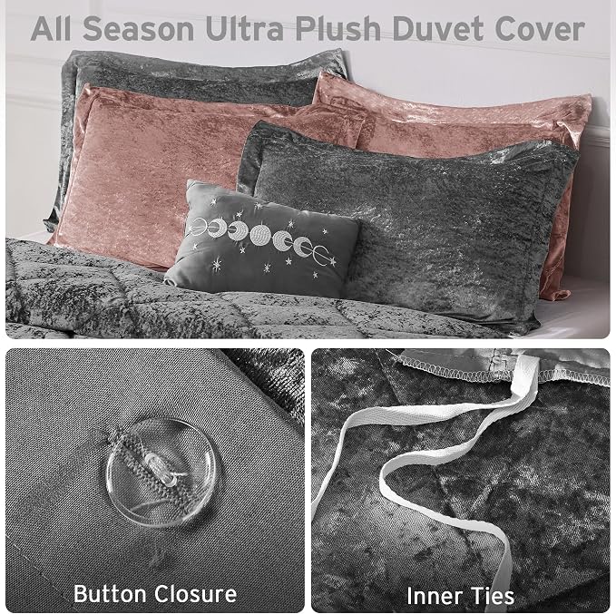 Intelligent Design Queen Duvet Cover Set, Velvet Queen Duvet Set, Luxury Diamond Quilting Grey Duvet Cover, Fluffy Duvet Cover with Decorative Pillow and 2 Shams, 4 Pieces, Grey, Full/Queen