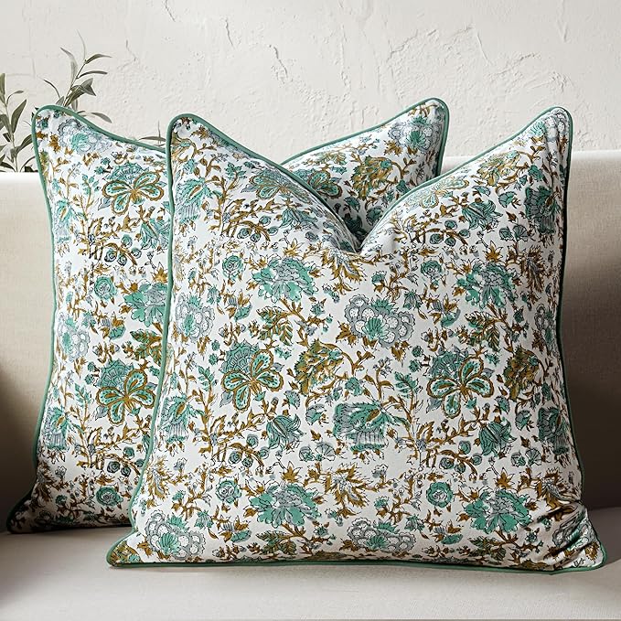 CPC 100% Cotton Throw Pillow Covers 18x18 Inch, Set of 2 Blue Block Print Pattern Couch Pillow, Cute Boho Decorative Pillows for Living Room, Bedroom with Hidden Zipper- Harvest Bloom