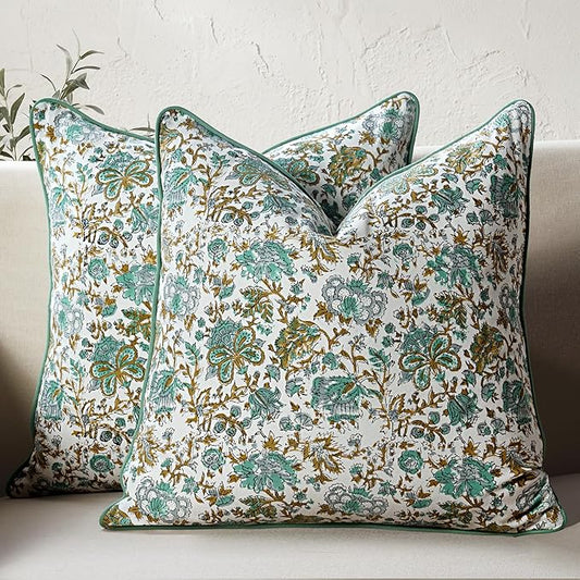 CPC 100% Cotton Throw Pillow Covers 24x24 Inch, Set of 2 Blue Block Print Pattern Couch Pillow, Cute Boho Decorative Pillows for Living Room, Bedroom with Hidden Zipper- Harvest Bloom