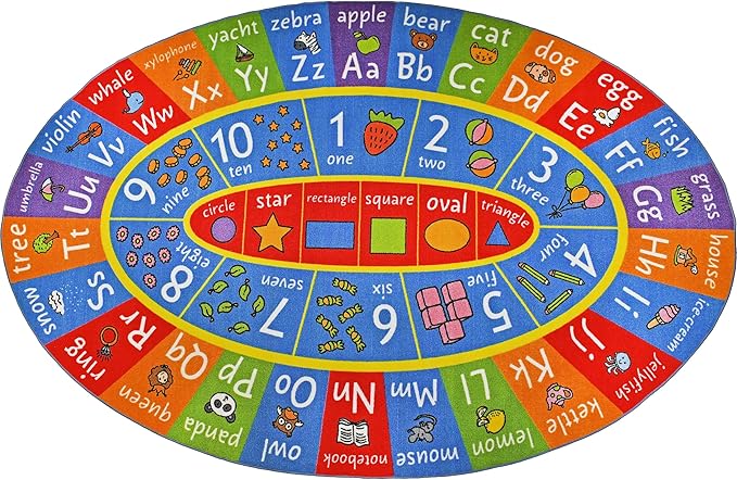 KC Cubs Educational Kids Rug – ABC Alphabet, 123 Numbers & Shapes Learning Mat – Soft Interactive Carpet for Classroom, Playroom & Bedroom 5x7 Oval