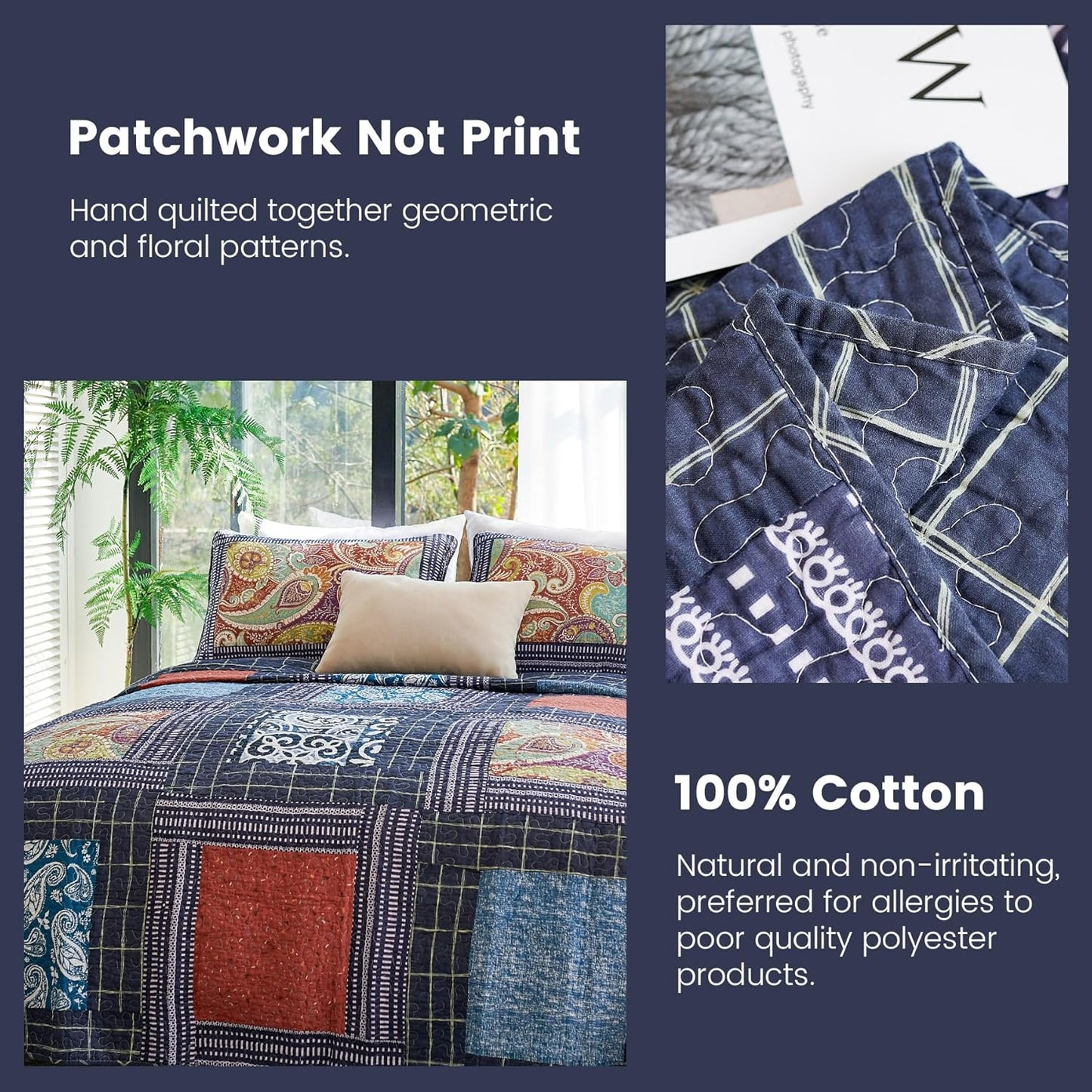 Secgo California King Quilt Size - 100% Cotton Oversized California Comforter Set Bedding Sets (120 * 110 Inch) with 2 Pillow Shams, Patchwork Reversible Lightweight Bedspread