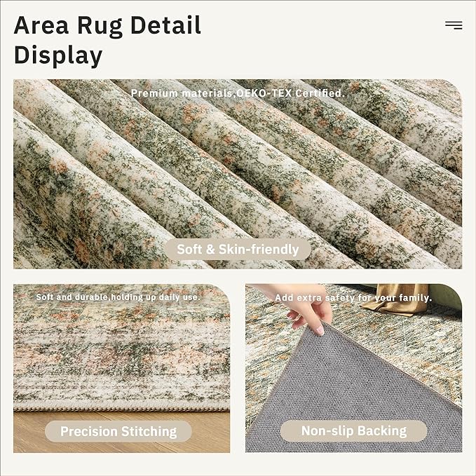 Soalmost 5x7 Area Rugs Green Orange Low Pile Indoor Washable Trendy Faded Style Rugs for Bedroom Living Room Dining Room Foldable Non-Slip Thin Print Mat