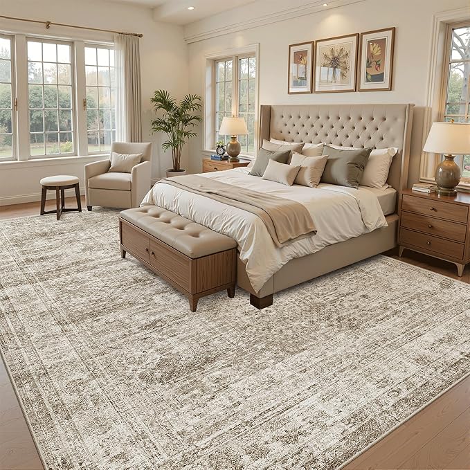 Soalmost Area Rug 10x12 Vintage Washable Living Room Large Carpet Non Slip Bedroom Indoor Office Dining Room Low Pile Thin Rug Brown