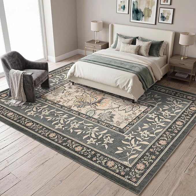 GarveeHome Grey Area Rug 6x9 Washable Cottage Core Vintage Farmhouse Low-Pile Stain Resistant Non-Slip Rugs for Bedroom Living Room Nursery Kitchen Home Office TPE Backing Indoor Decor