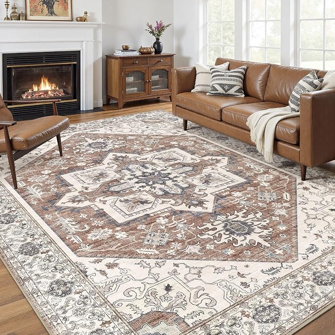 Area Rug 10x12 for Living Room - Washable Oriental Vintage Floral Distressed Large Indoor Carpets with Non Slip Back for Bedroom Dining Room Nursery Office Home Decor -Terracotta/Brown