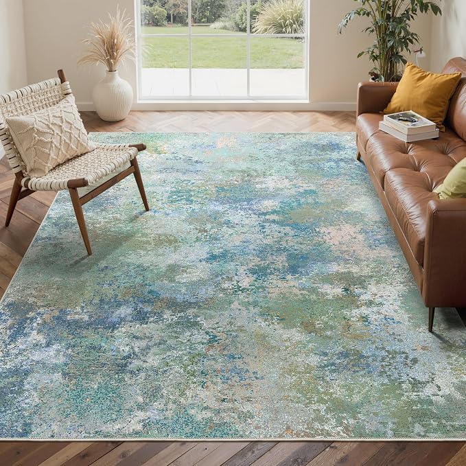 BEIMO Area Rugs 7'6"x9'6" for Living Room Bedroom, Modern Abstract Machine Washable Rug, Large Soft Low Pile Floor Carpet with Non Slip Backing for Dining Room, Blue Green